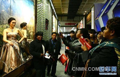 11月23日，观众在2011中国国际珠宝展上与珠宝模特拍摄合影。