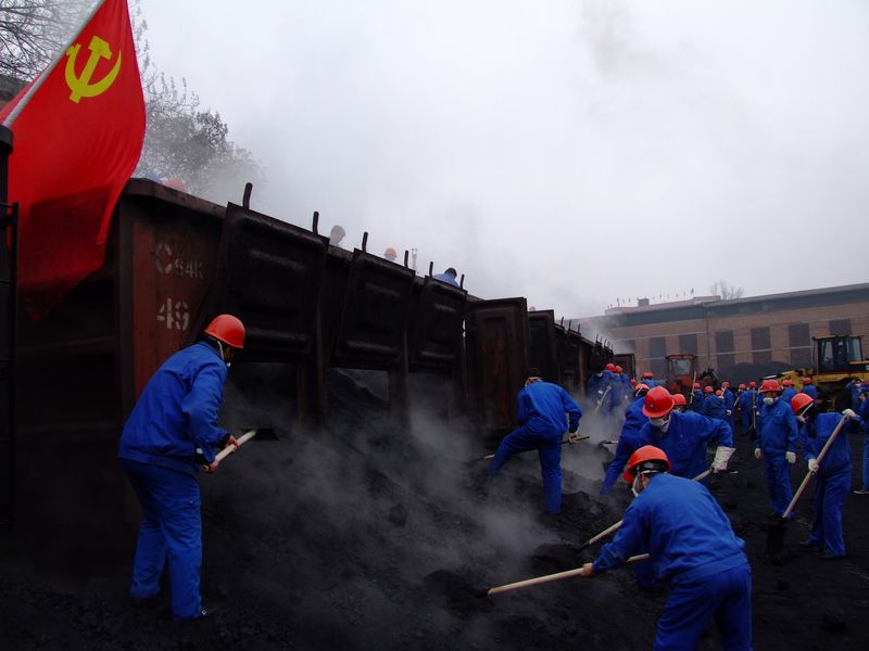 2月10日，中铝贵州分公司及碳素厂部分党员正争先恐后卸车石油焦。