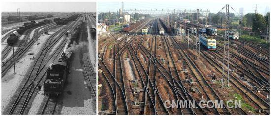 左图是20世纪50年代，陇海线上郑州火车站的货运情况。右图是2003年8月拍摄的郑州铁路北站编组站。