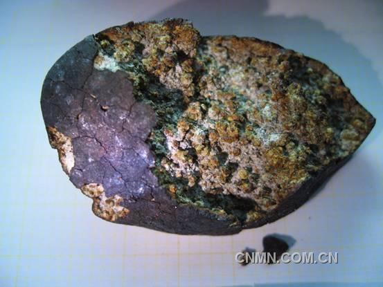 球粒陨石，里面的褐色部分是陨石里面的金属被氧化后呈现的样子