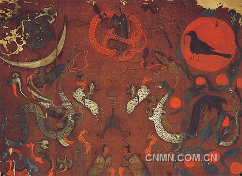 马王堆的帛画局部，其中红色部分即是用辰砂调制的颜料。
