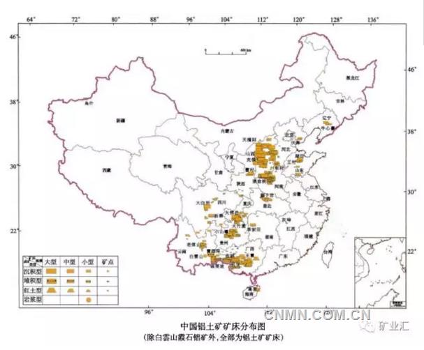 中国铝土矿床分布如下