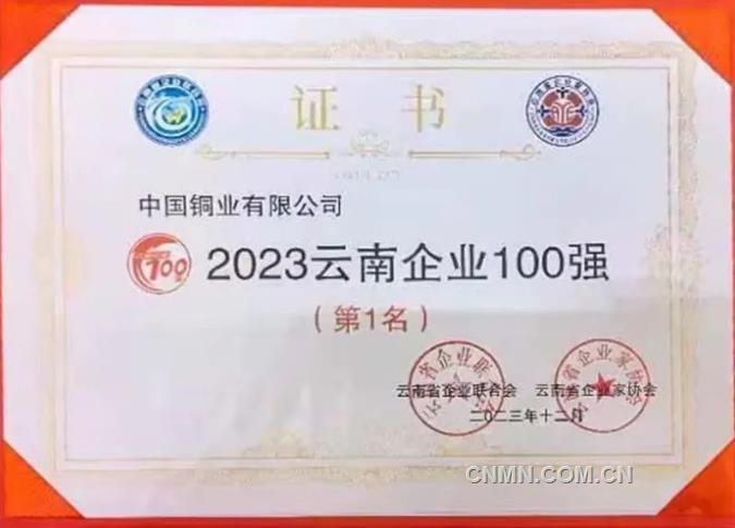 中国铜业荣登云南企业100强榜首